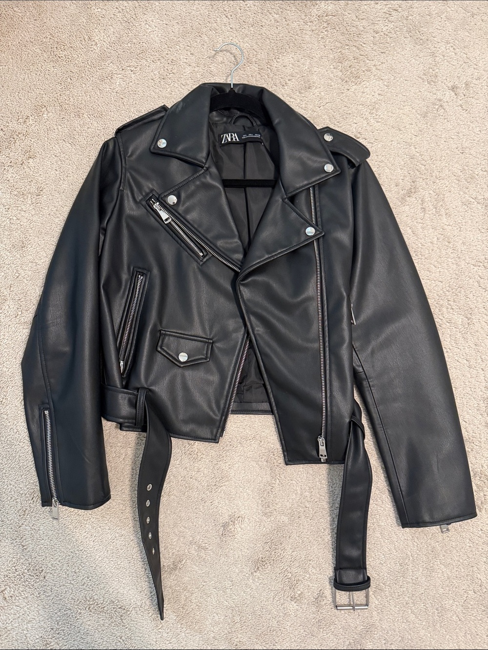 Zara Black Faux Leather Biker Jacket with Belt